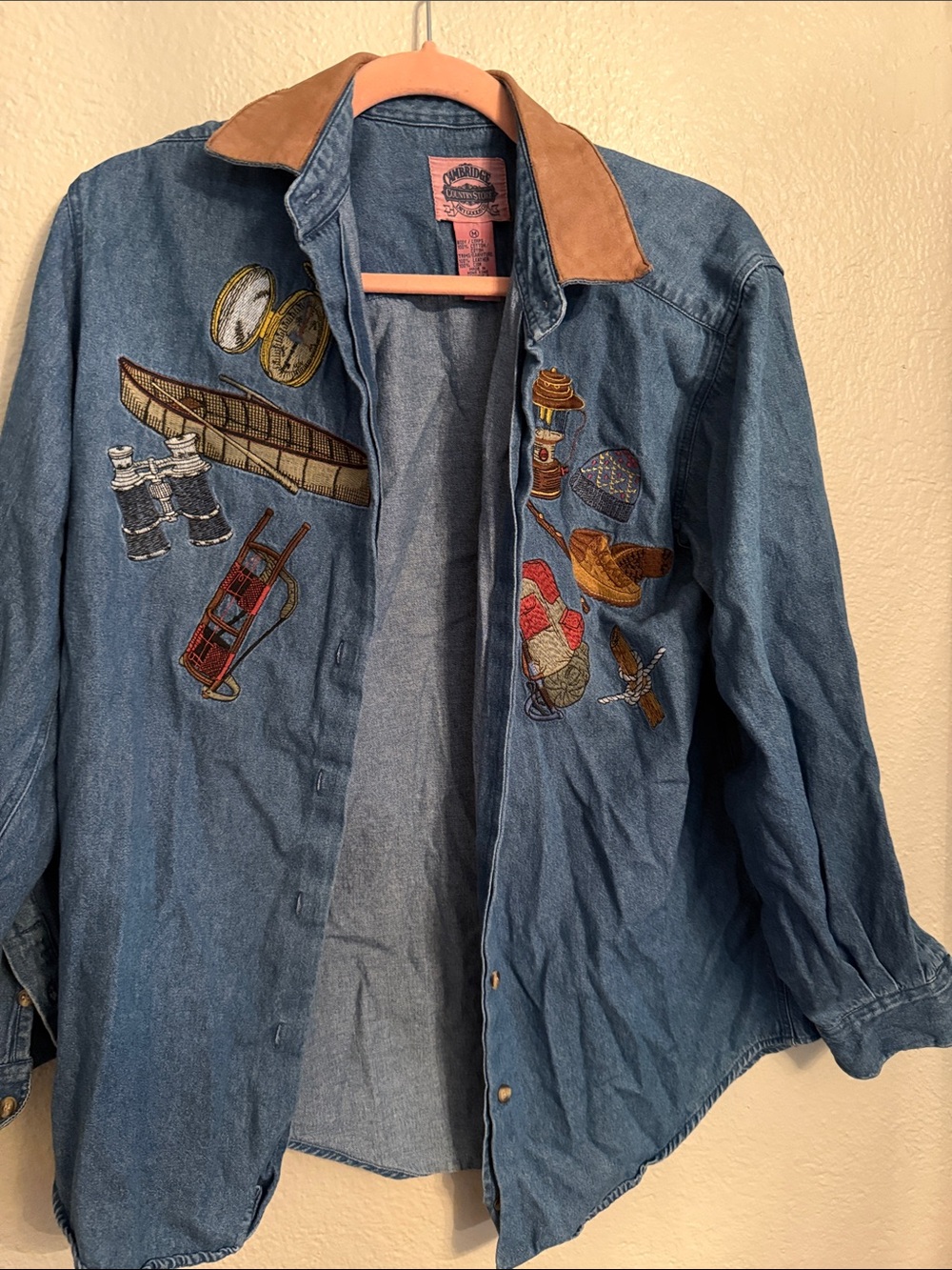 Vintage Embroidered Denim Button Down Shirt with Brown Collar